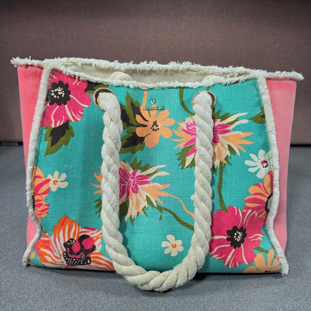 Spartina 449 Tote Bag Womens Large Teal Pink Floral Linen Rope Handle Good